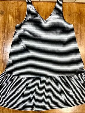 LOFT Black and White Striped Sleeveless Ruffle-Hem Dress